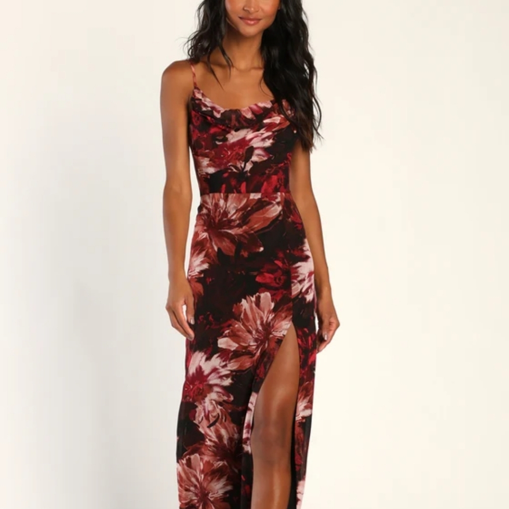 Lulus Flowery Passion Burgundy Floral Print Cowl Neck Midi Dress